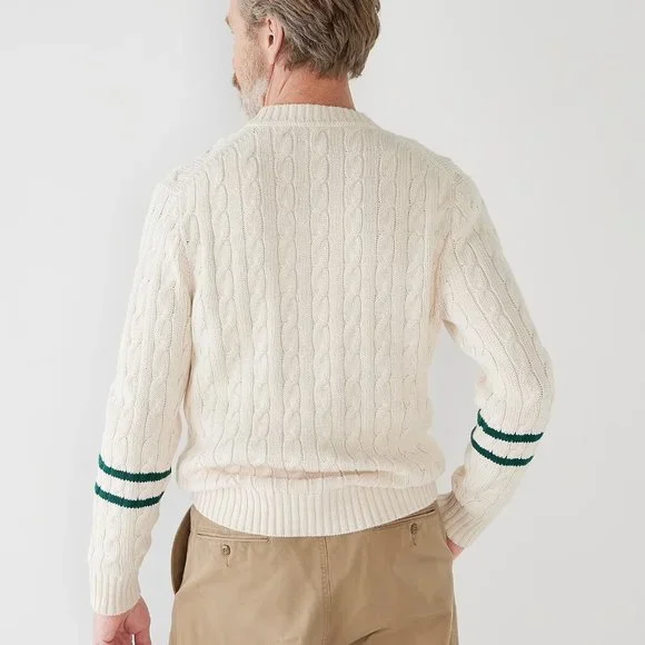 NWT $118 J Crew Heritage Cotton Cable Knit Tennis Stripe V-Neck Sweater in Ivory